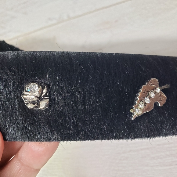 Berge Black Pony Hair Calf Hair Belt Silver Botanical Details Buckle Boho Edgy - Picture 13 of 15